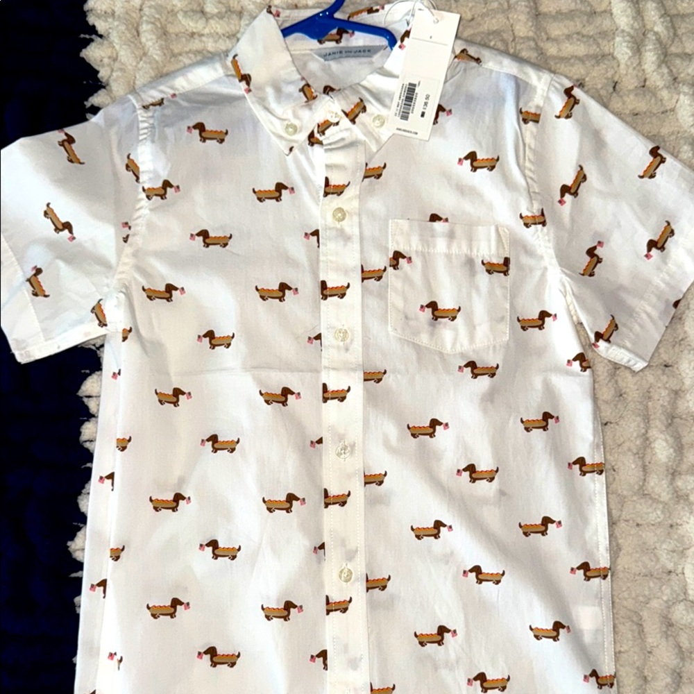 NWT Janie & Jack boys size 8 patriotic wiener dog button up ❤️🤍💙🌭🐶🇺🇸